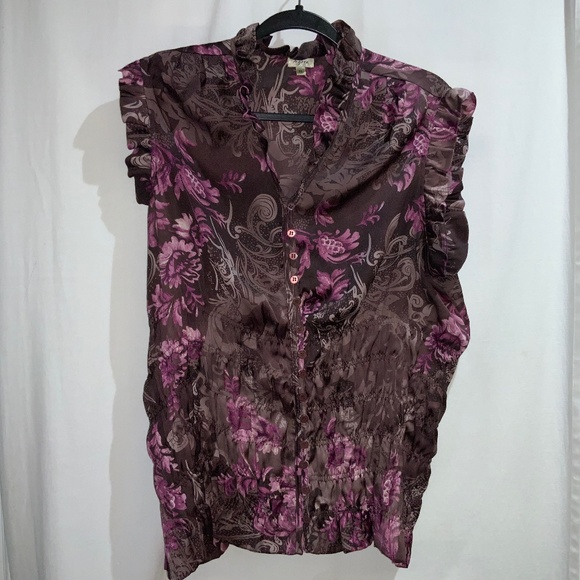 Agora vintage satin floral blouse Sz XL button front ruffle sleeve & neck - Picture 1 of 5